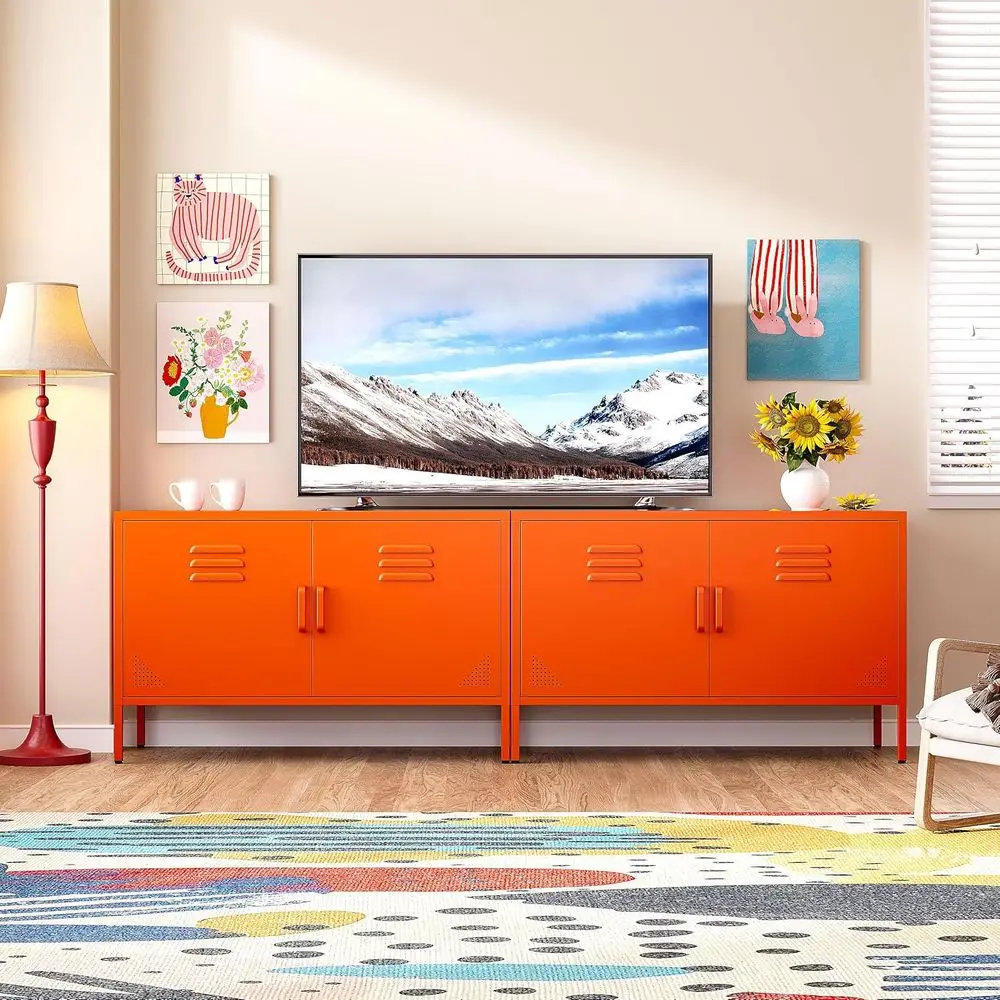 

Orange Metal Storage Cabinet with Doand Shelves,2 Door Wide Metal Locker Accent Storage Cabinet with Leg & Vent Hole,Wide TV Cab
