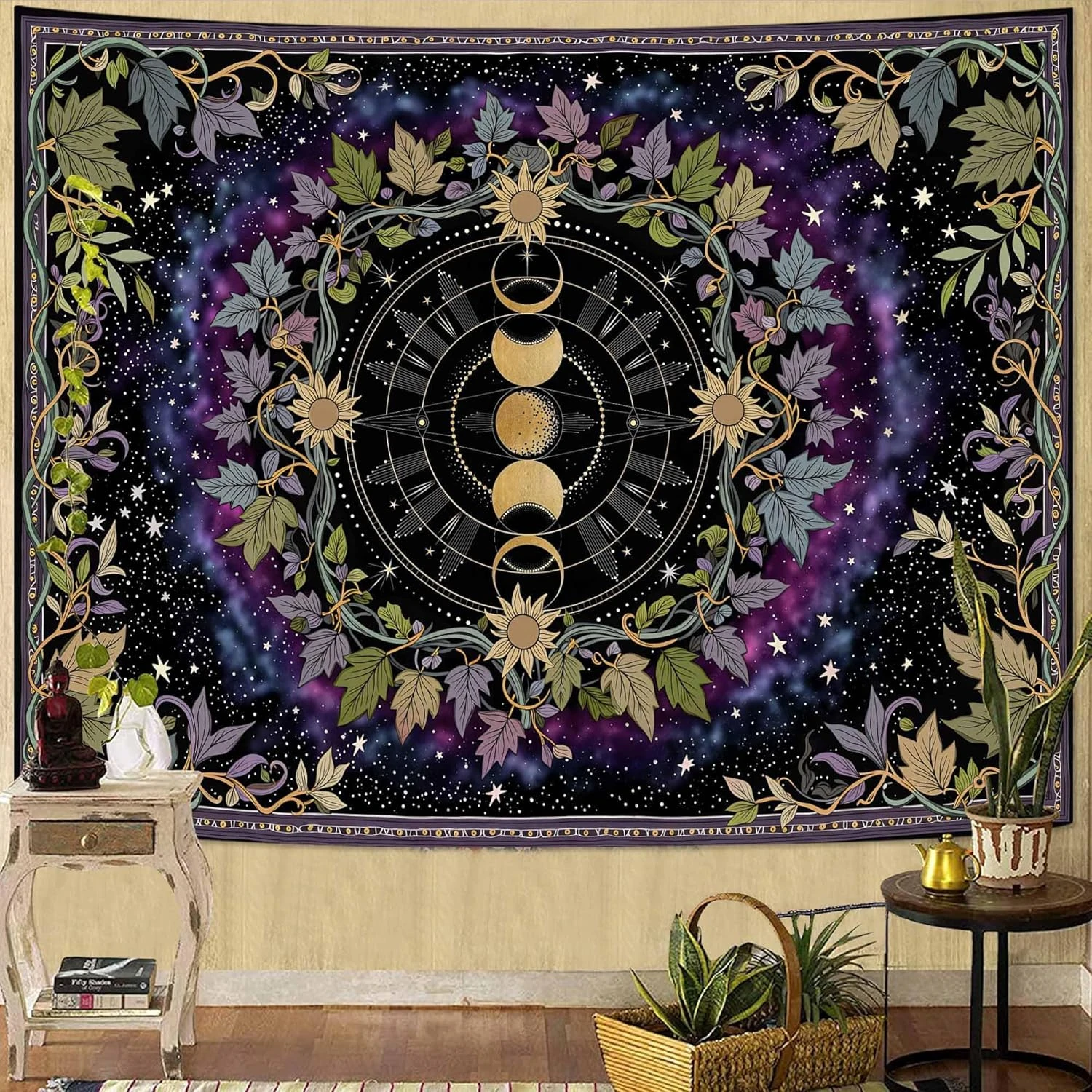 VIKAMA Wandteppich mit Hexen- und Blumenmuster, Mondphasen-Wandteppich mit himmlischem Druck für Schlafzimmer, Wohnheim und Heimdekoration