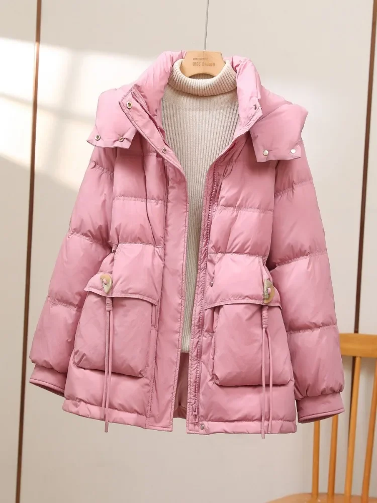 

Corner Buckle Down Jacket Winter Fashion Korean Hooded Loose Thick Warm Waist Slimming Elegant Long White Duck Puffer Coat Women