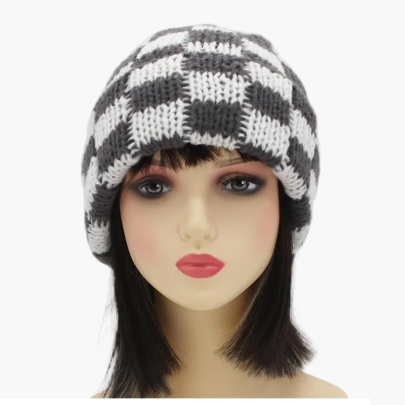 Schachbrett-Strickmütze, Herbst und Winter, koreanischer Stil, Nische, großer Kopfumfang, Wollmütze, japanischer Stil, Weihnachtsmütze – Detail 11