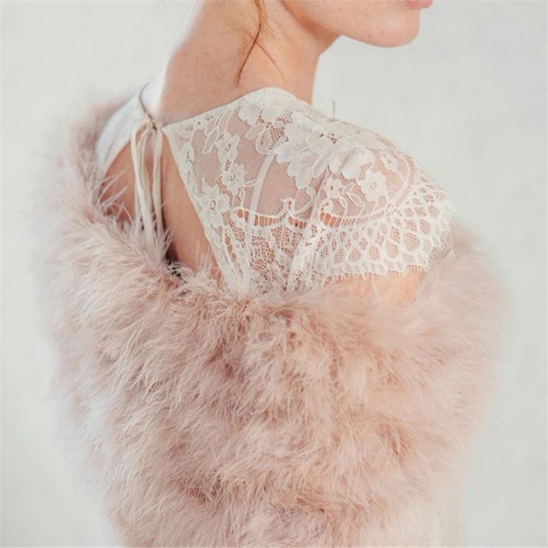 Luxurious Ostrich White Feather Wrap Bridal Fur Jacket Marriage Shrug Coat Bride Winter Wedding Party Fur Bolero Women Chaqueta