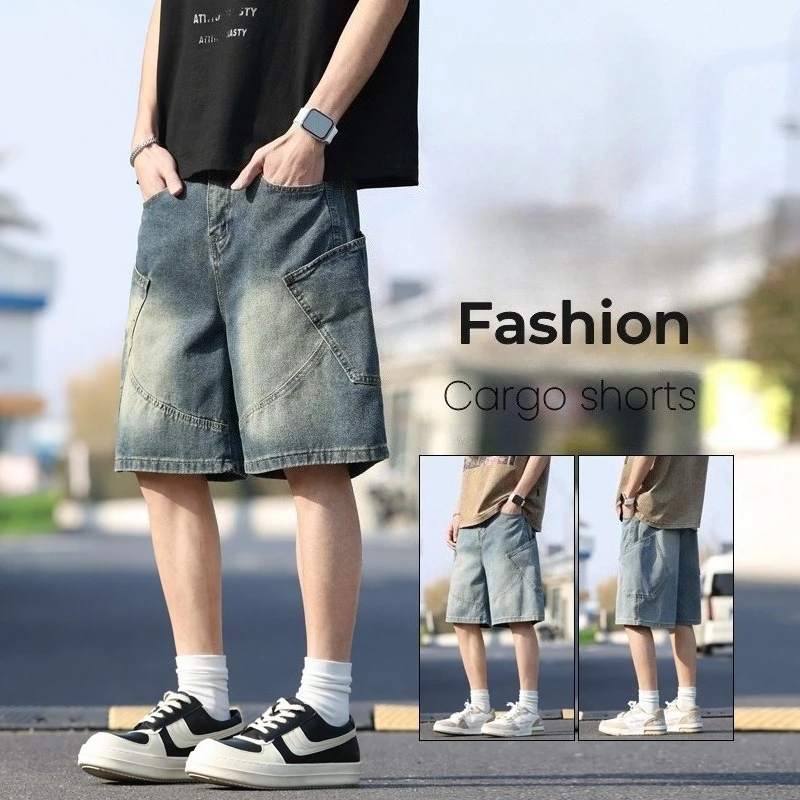 Men's Vintage Loose Denim Shorts Y2k Fashion Casual Oversize Short Cargo Pants Summer New Streetwear Straight Short Jeans Male