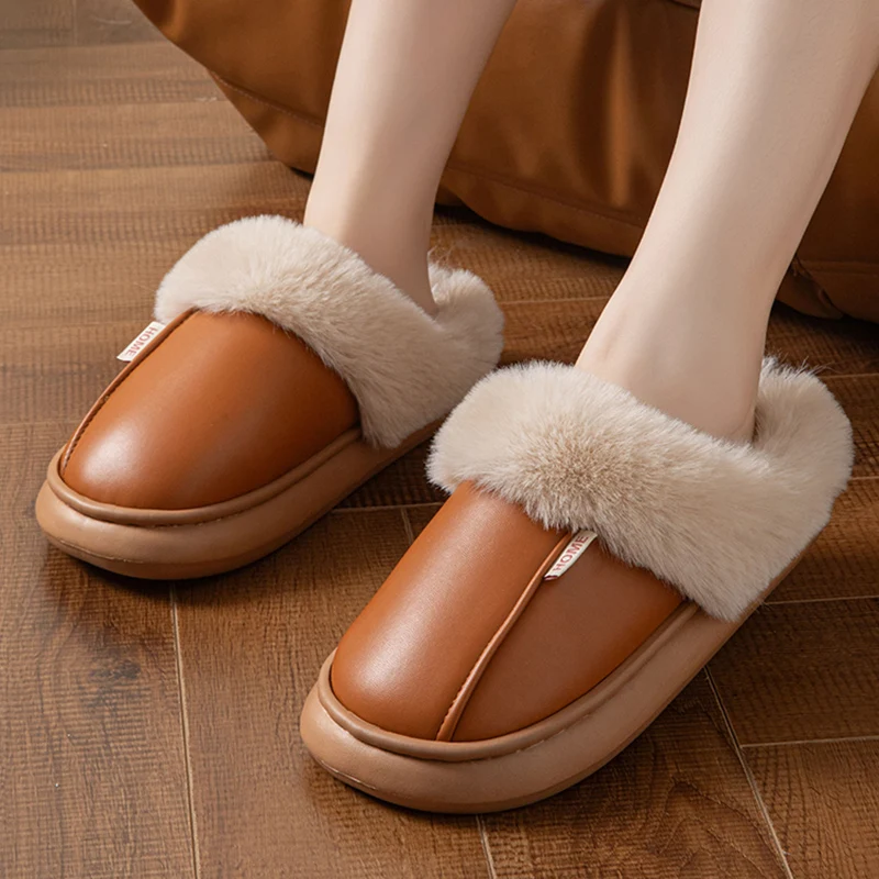 Markendesign PU-Leder Plüsch Winterhausschuhe Damen 2026 Warme Flauschige Pelz Wasserdichte Hausschuhe Damen Weiche Sohle Plateau-Slides – Detail 3