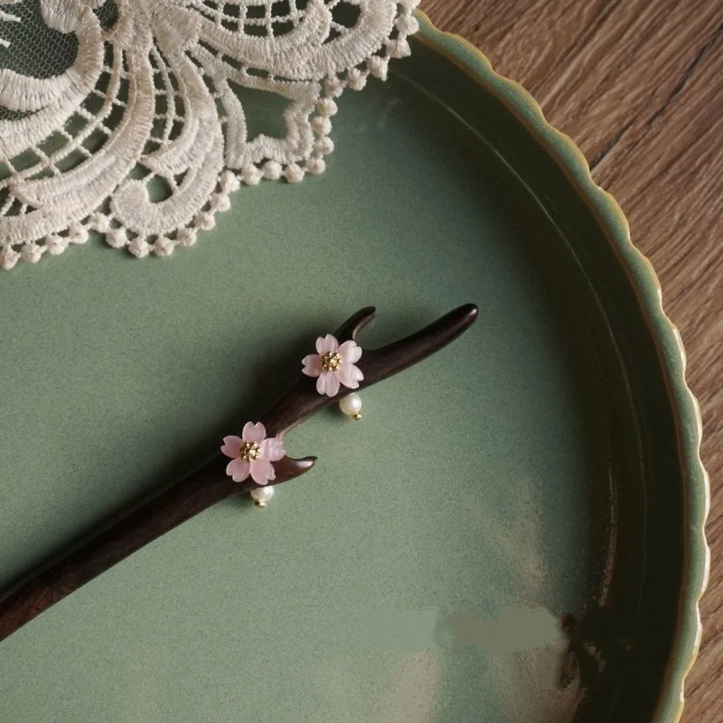 

Cherry Blossoml Hair Stick Black Sandalwood Pearl Flower Hairpin Forks Chinese Style Hanfu Cheongsam Decor Hair Bun Jewelry Gift