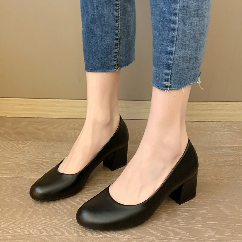 New Soft Leather Pumps Women Basic Spring Square High Heels Office Career Comfortable Shoes Plus Size 43 44 45 For Lady S0001