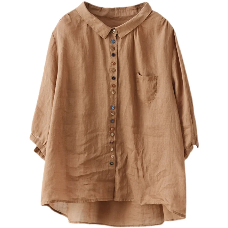 Retro Flachs irt Ele Kragen Lose Top frauen Faion Sommer Marke Baumwolle Reine Farbe Pendeln Sle Taste Detail