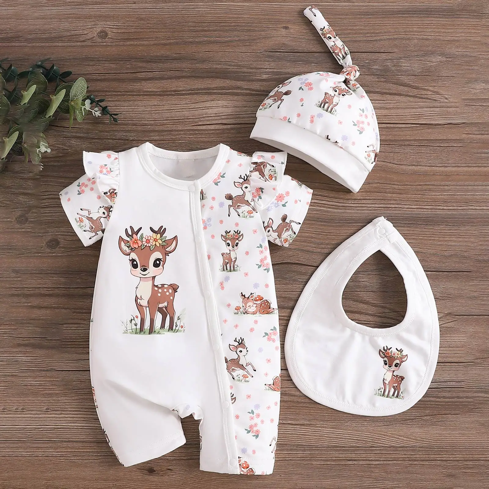 Piyama Bayi Perempuan 3-6 Bulan Baju Monyet Bayi Perempuan dengan Gambar Rusa Lucu Topi Baju Monyet Lengan Pendek Pakaian Musim Dingin Junior Anak Perempuan Remaja
