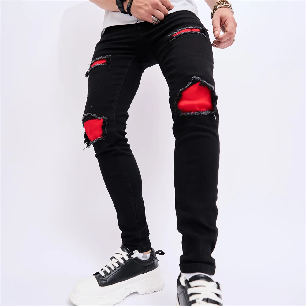 Men Stylish Streetwear Slim Fit Holes Patch Jeans Trousers Good Quality Male Distressed Casual Denim Pants