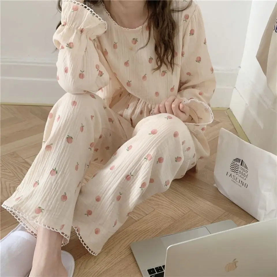 Peach Print Sleepwear Women Pajama Sets Korean Piiama Ruffles Pants Sets for Women 2 Pieces Autumn Night Wears O-neck Home Suit