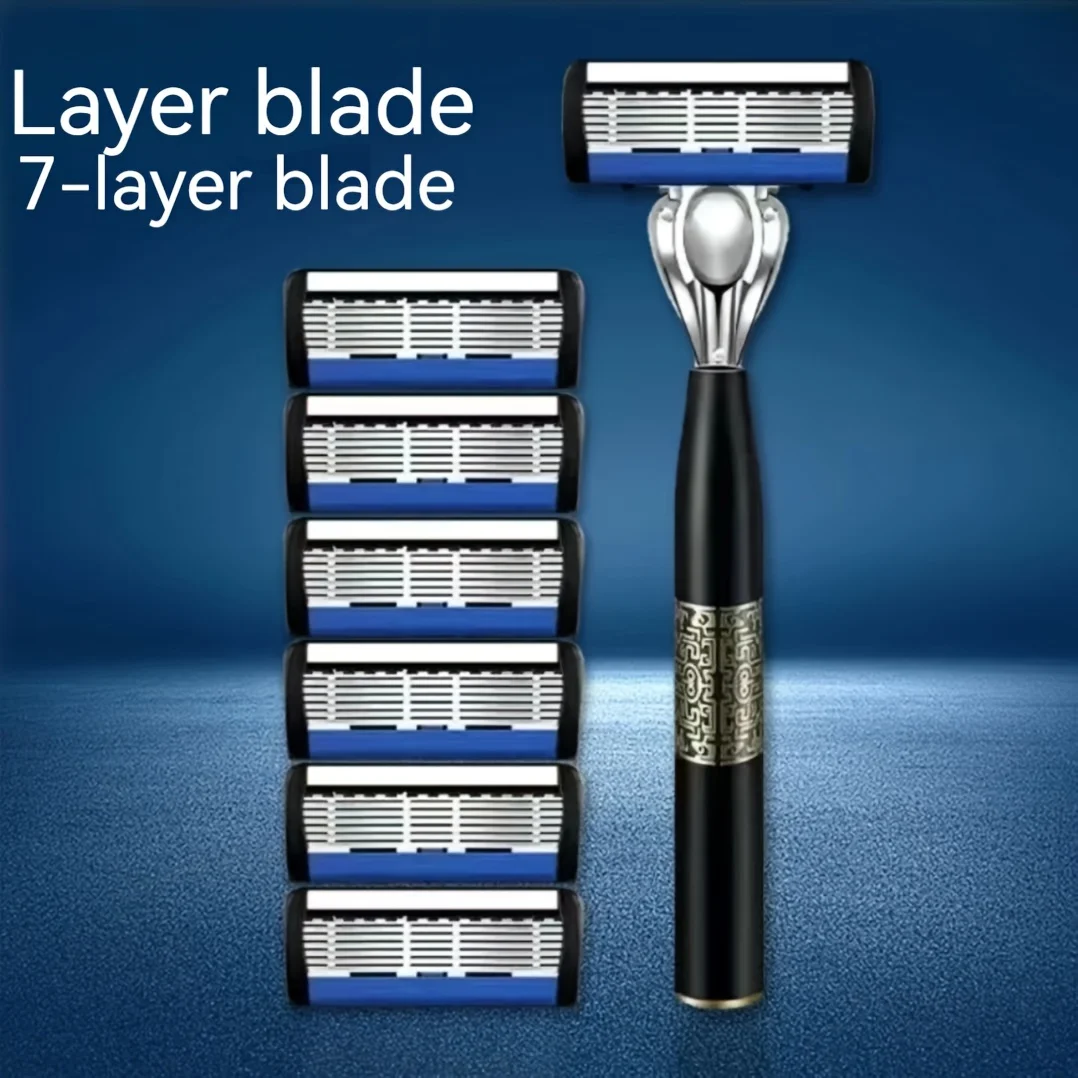 7-layers Manual Men's Razor, Stainless Steel Blades Razor For Men With Precision Trimmer, Metal Razor Holder