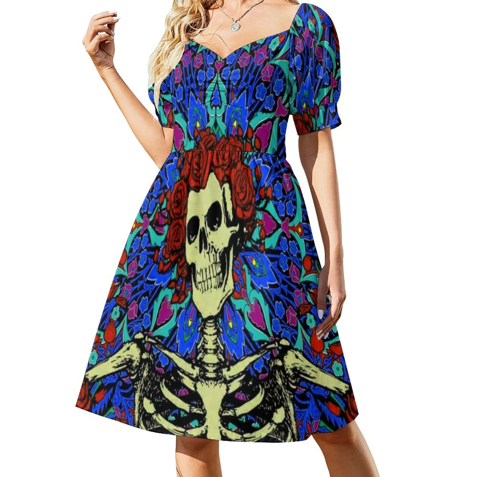 

Psychedelic Grateful day of the dead roses skeleton Short-Sleeved Dress women's summer jumpsuit summer dresses