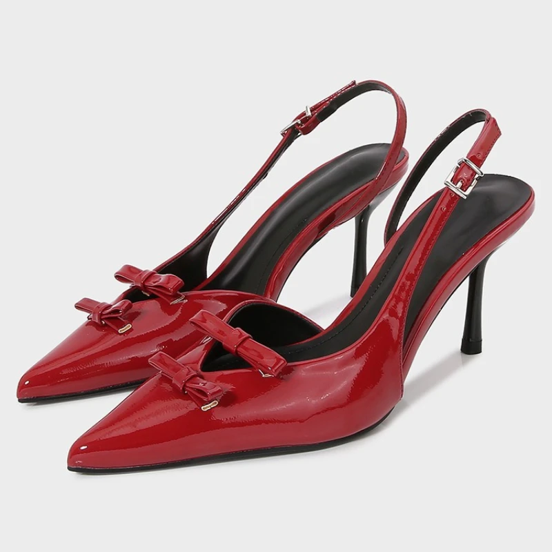 

Сексуальные красные босоножки на каблуке с острым носком и узлом-бабочкой, женские высококачественные модные сандалии на высоком каблуке с пряжкой и открытой пяткой, роскошные дизайнерские сандалии