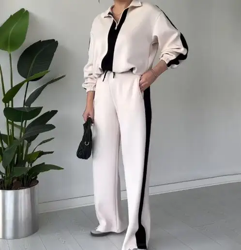 

Two Piece Set Women Outfit 2025 Spring Autumn New Turn-Down Collar Contrast Lazy Long Sleeve Top & Casual Pocket Pants Set