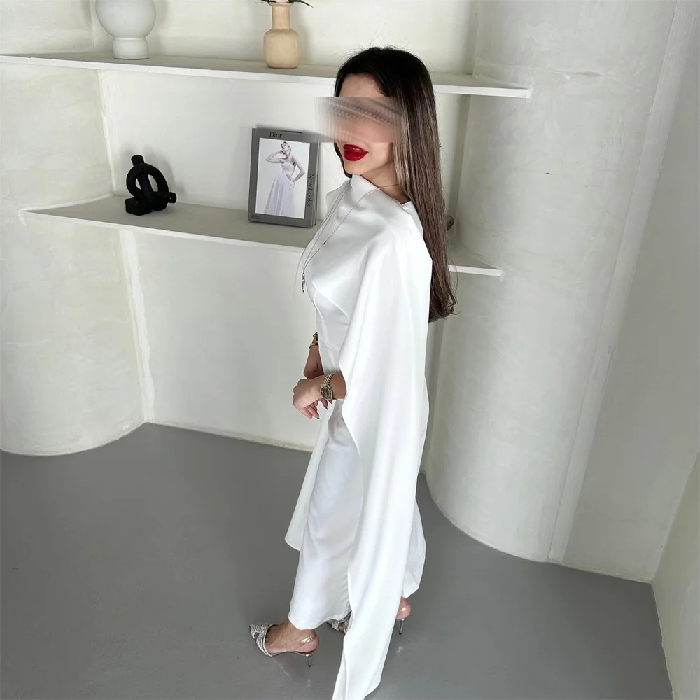 ROYET White Classic Style High Neck Formal Evening Dress For Woman Short Sleeve Ankle Length Sweep Train Prom Gown New 2024