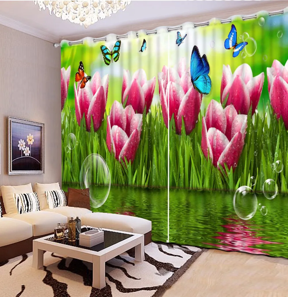 Custom 3D Curtain Bed Room Living Room Office Hotel Curtain Green Leaf Red Tulip Cortinas For Bathroom Fabric Curtain