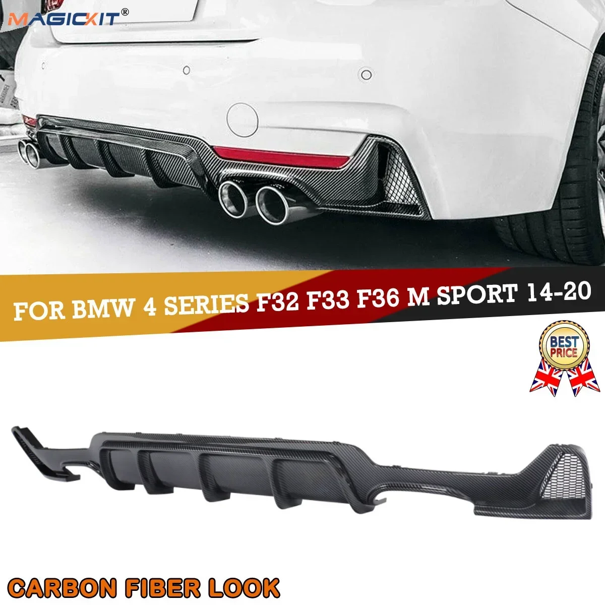 MagicKit For BMW 4Series F32 F33 F36 M Sport Quad Exhaust Rear Diffuser Carbon Look 14-18