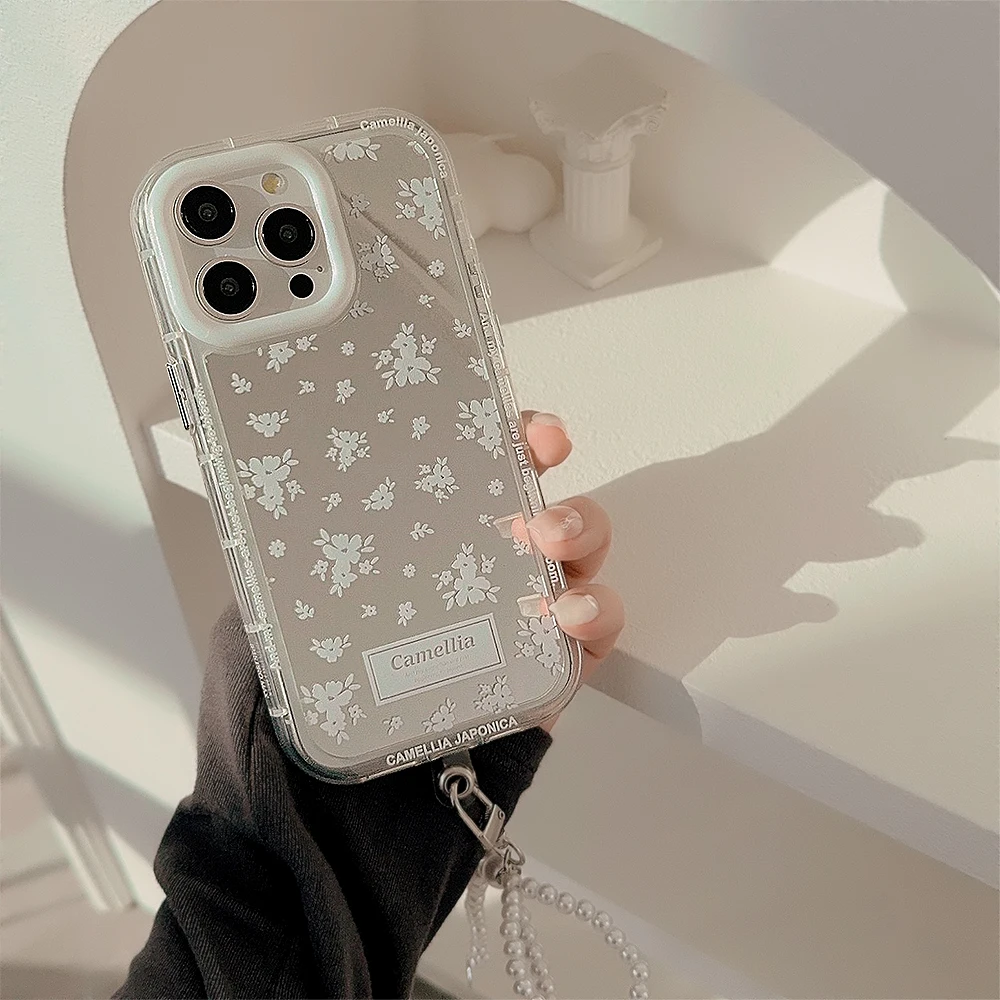 Luxury Cream Mirror White Mountain Camellia Phone Case for iPhone 16 15 14 13 12 11 Pro Max Plus Pearl Knot Pendant Bumper Cover