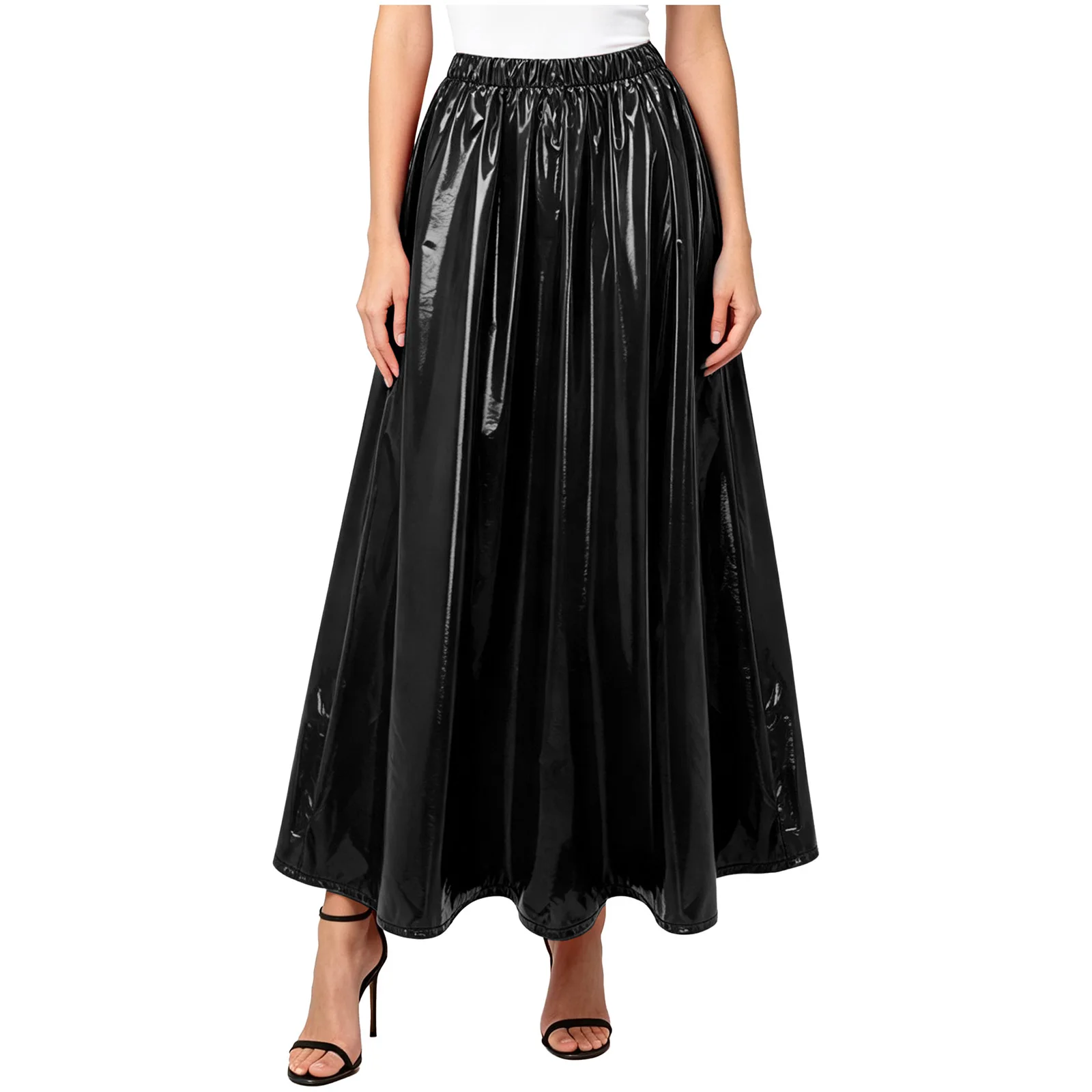 PU-leather Pleated Skirt Women High Waist All-match A-Line long Skirt Female Waterproof Vinyl Glossy Maxi Skirt Rave Clubwear
