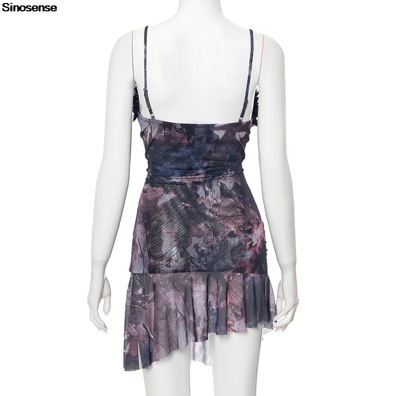 Women Print Bodycon Mini Club Party Dresses Sexy Cut Out Ruffle Slim Ruched Cami Dress Y2K Street Going Out Date Night Dress