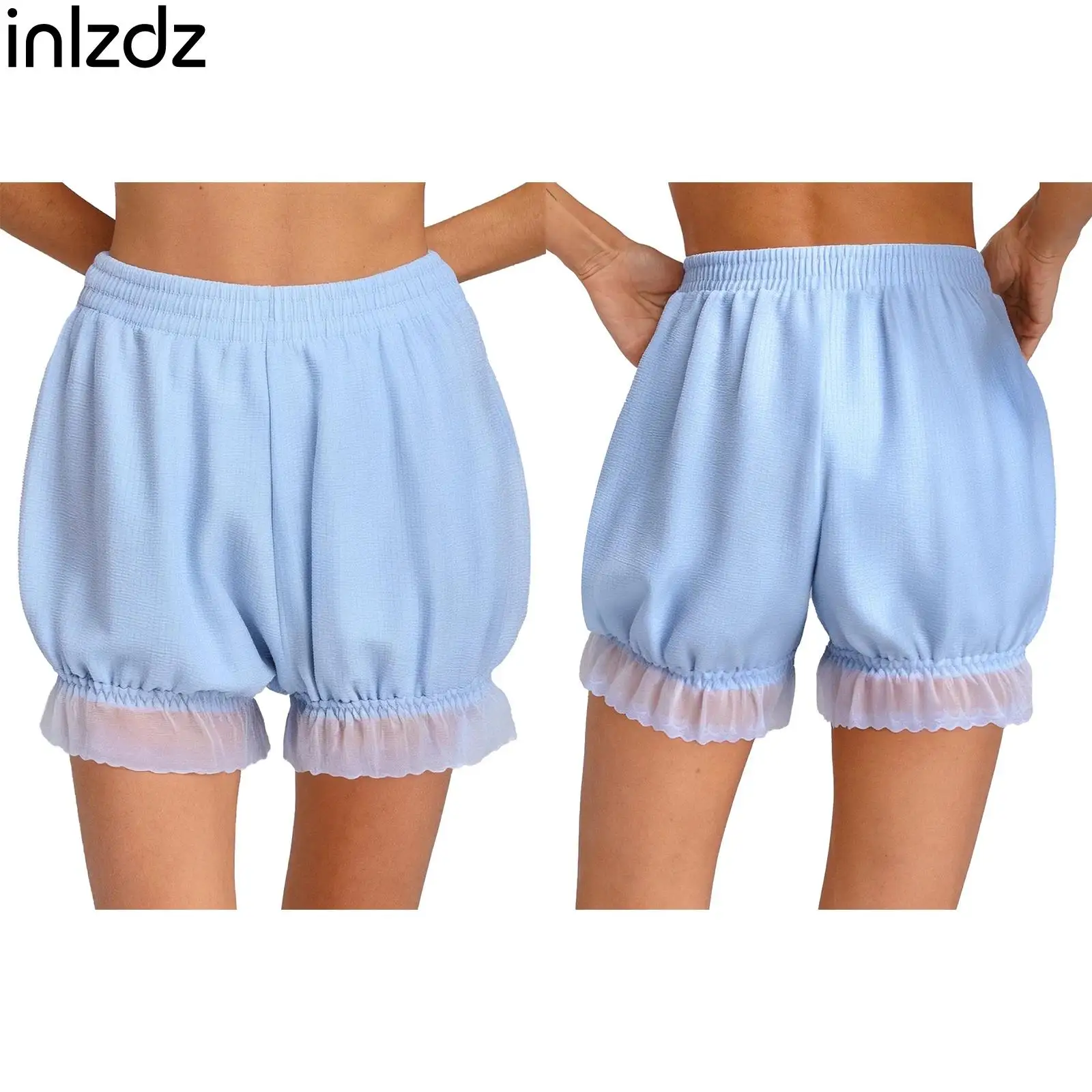 

Womens Adult Solid Color Pumpkin Shorts Elastic Waist Ruffled Lace Trim Bloomers Security Shorts for JK Skirts Lolita Costumes