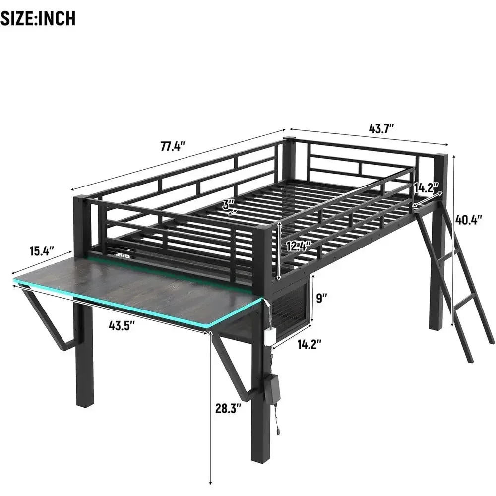 Black Twin Size Metal Loft Bed with Desk, Ideal for Kids, Teens, or Dorm Rooms, LED Lights, No Box Spring Required