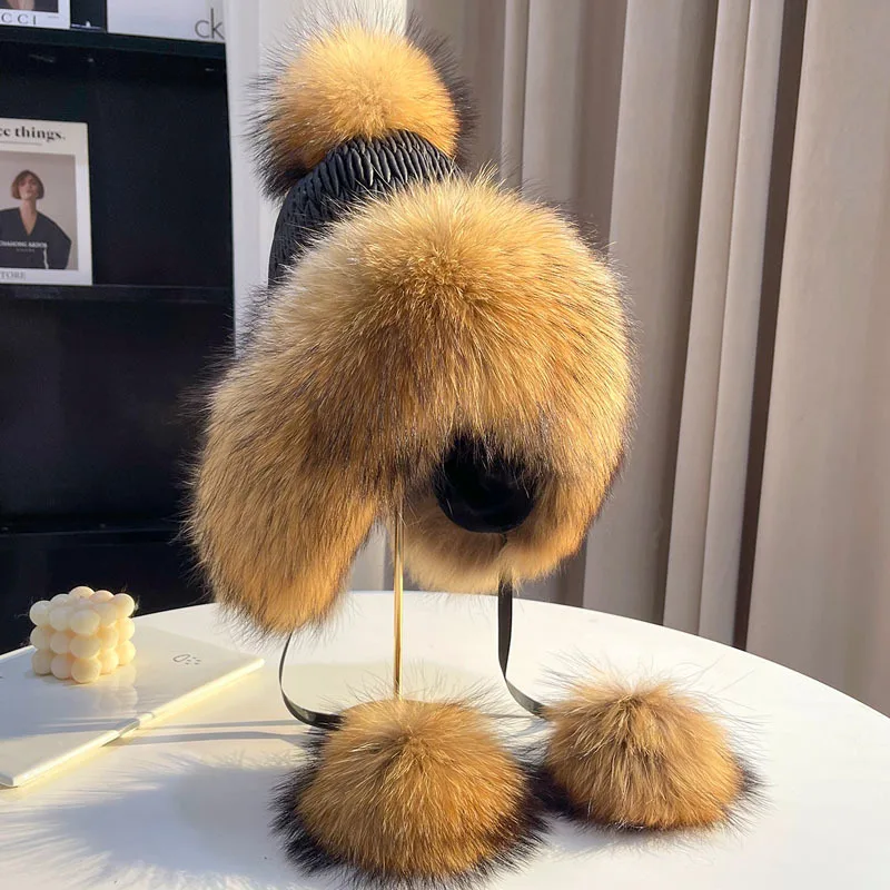 Fox Fur Hat  Winter Lei Feng Hat With Sweet And Lovely Plush Ball  Ear Protection Cap Real Natural Fox Fur Hat Black Fur Cap