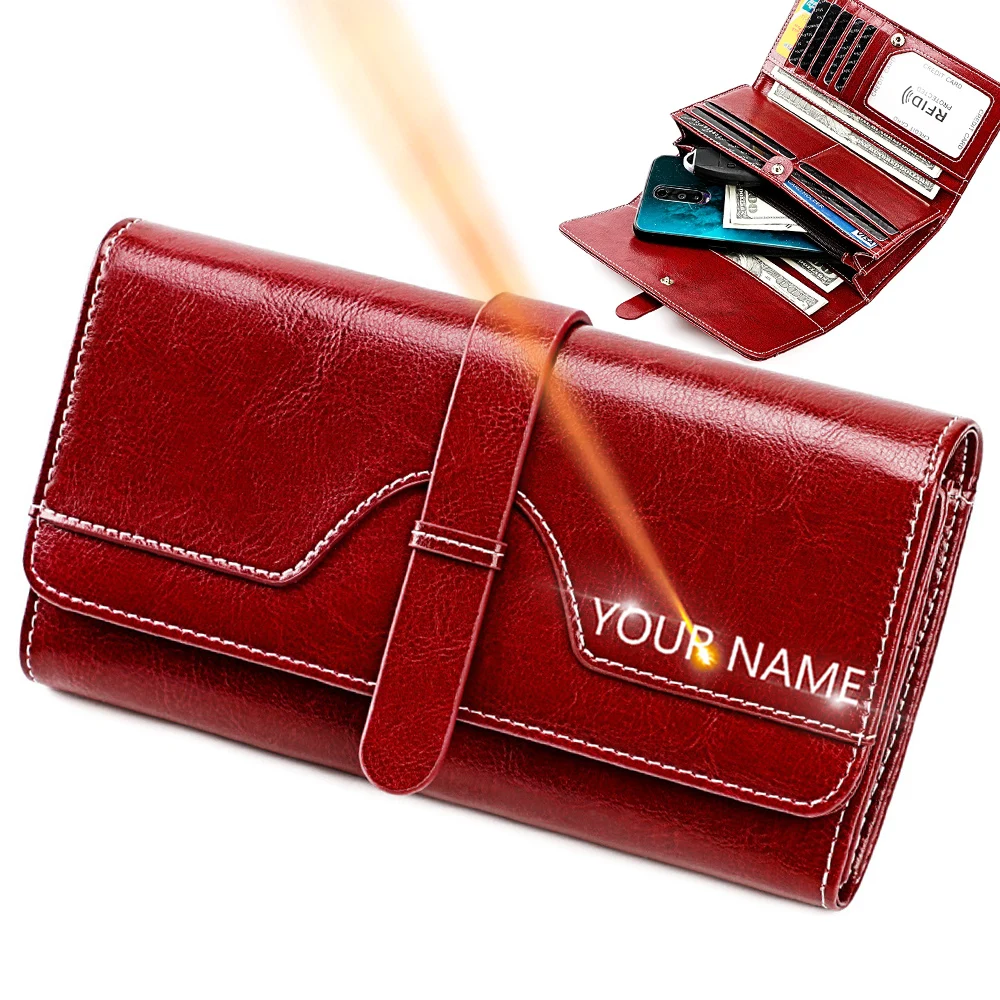 

New Genuine Leather Women RFID Wallets Handbags Name Engraving Card Holder Female Purse Big Capacity Phone Bag Women's Wallet