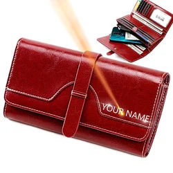 New Genuine Leather Women RFID Wallets Handbags Name Engraving Card Holder Female Purse Big Capacity Phone Bag Women's Wallet