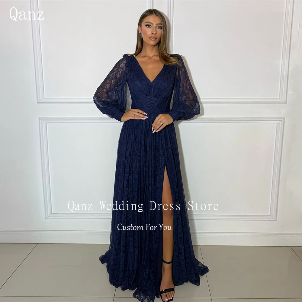 

Qanz Royal Blue Evening Dresses High Slit Lace Applliques Formal Dresses Woman V Neck Puff Sleeves Robes De Soirée Customized