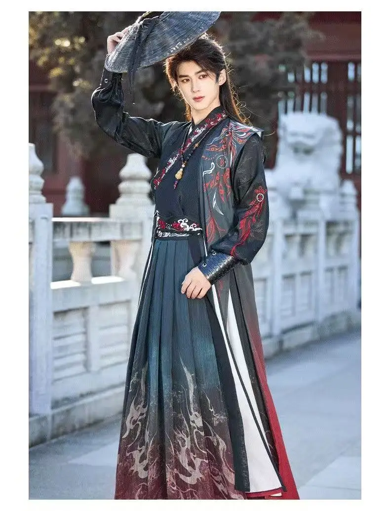 남자 고대 검은 빨간 불 Hanfu 전통 Weijin 시대 크로스 칼라 의상 틈새 검객 코스프레 의상 댄스 드레스