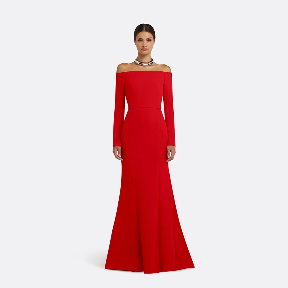 

Red Simple Evening Dress Customized Boat Neck Long Sleeves Mermaid Jersey Evening Gowns Long Formal Party Dresses 2025