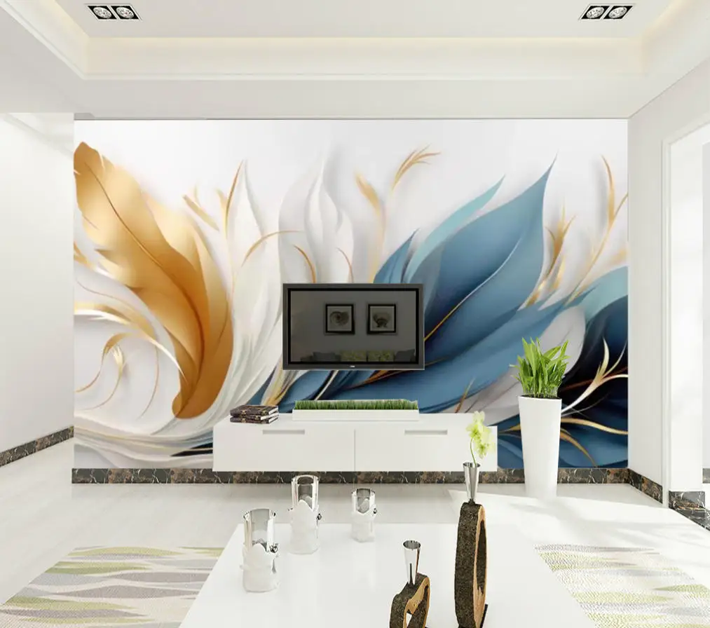 Nordic Style High-Definition Feather Mural Custom Size 3D Wallpaper Leaf Decoration Painting Sofa Headboard Blue Feathers Mural