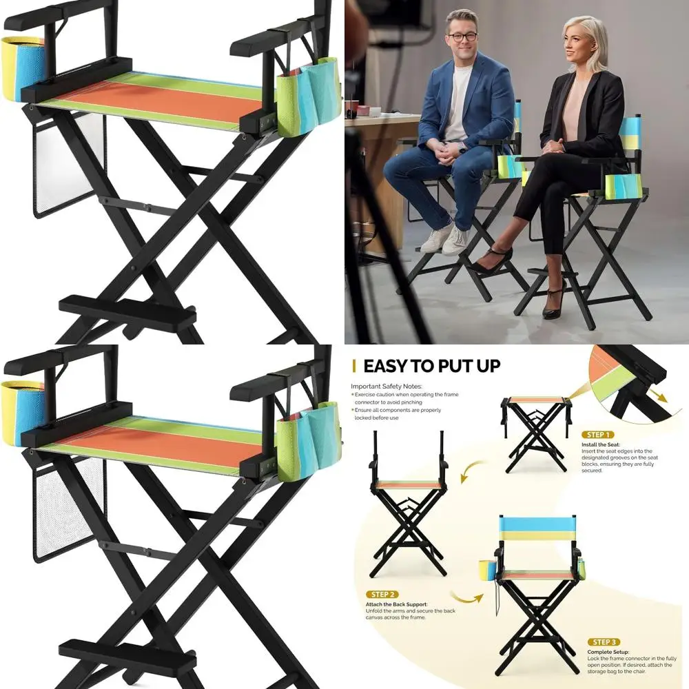 

Portable Wooden Folding Chair with Storage and Footrest, 250lb Capacity, Ideal for Salons and Events, Colorful Canvas, Black Fra