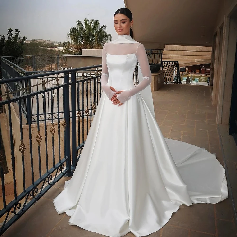 

Customized Elegant Satin Wedding Dresses A-Line High Neck Long Sleeves Pleated Bride Prom party Gown Modest Bridal Gowns women