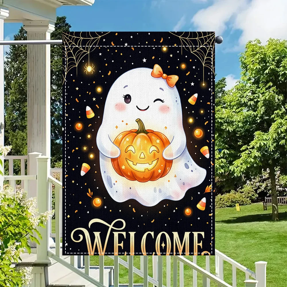 1pc Halloween Cute Ghost with Pumpkin Garden Flag, Duplex Print, Perfect for Patio and Outdoor Holiday Decoration (Pole Not Incl