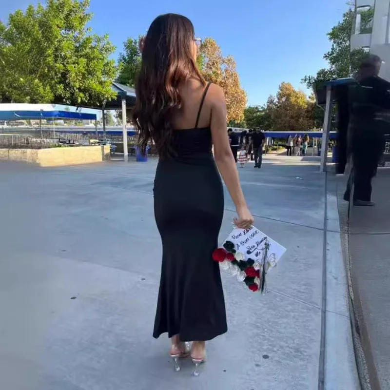 2025 Nuovi abiti da festa da donna Nero Maxi cinturino per spaghetti Elegante sottile da sera per invitati a un matrimonio Abiti da latte estivi multicolori