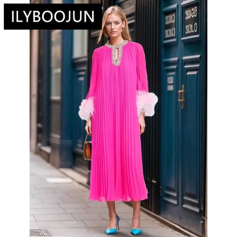 

ILYBOOJUN Colorblock Hollow Out Patchwork Diamonds Dresses For Women O Neck Long Sleeve Spliced Feather Loose Dress Female