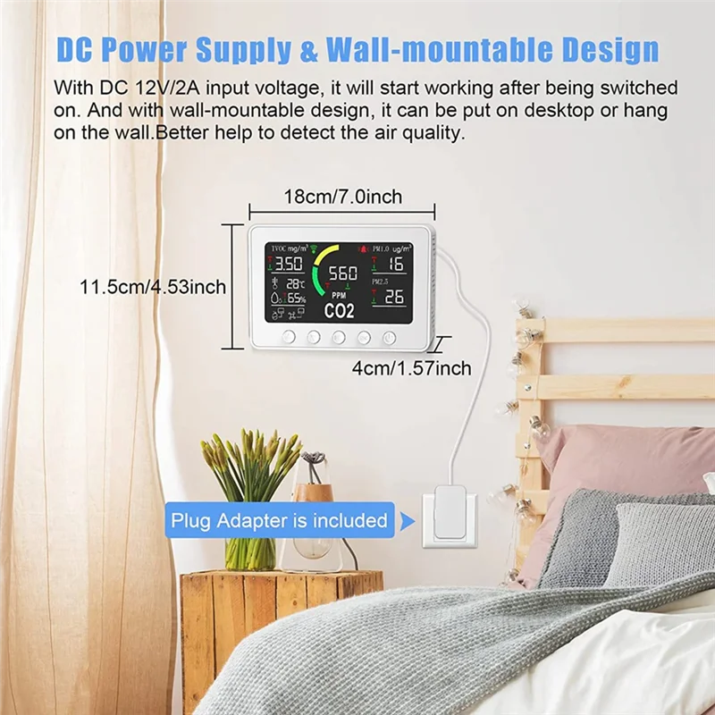 RIRI Tuya WiFi Sensore Co2 6 in 1 Sensore intelligente della qualità dell'aria Rilevatore di umidità della temperatura Display a colori Spina europea