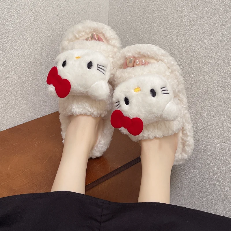 Sanrio Hello Kitty High-value cute fluffy slippers women's autumn and winter new versatile fashion warm home cotton slippers