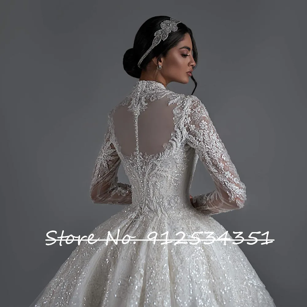 Hochzeitskleid High Neck Vintage Ball Gown Wedding Dress Long Sleeve Chic Vestidos De Novia Sequined Beading Appliques Gelinlik