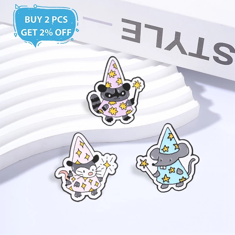 Cute Wizard Animal Badge Mouse Raccoon Magician Enamel Pins Fashion Lapel Metal Brooch Backpack Clothes Jewelry Gift for Friends