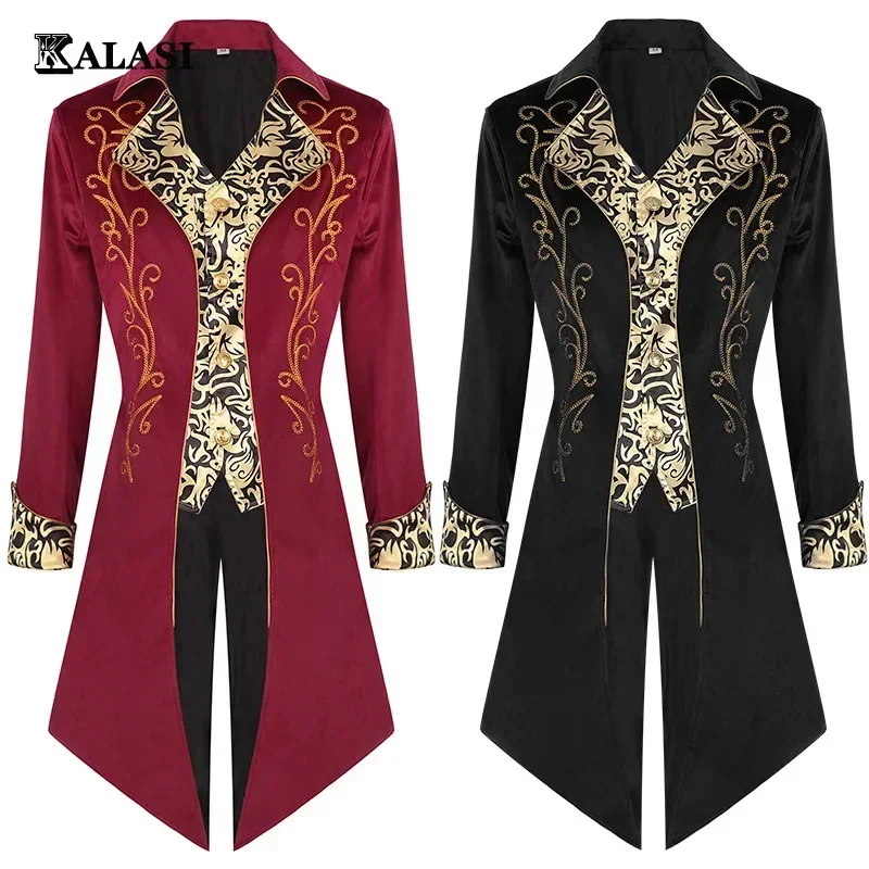 Men Medieval Red Gold Cosplay Steampunk Costume Velet Stand Collar Tailcoat Gothic Vampire Cosplay Jacket Coats