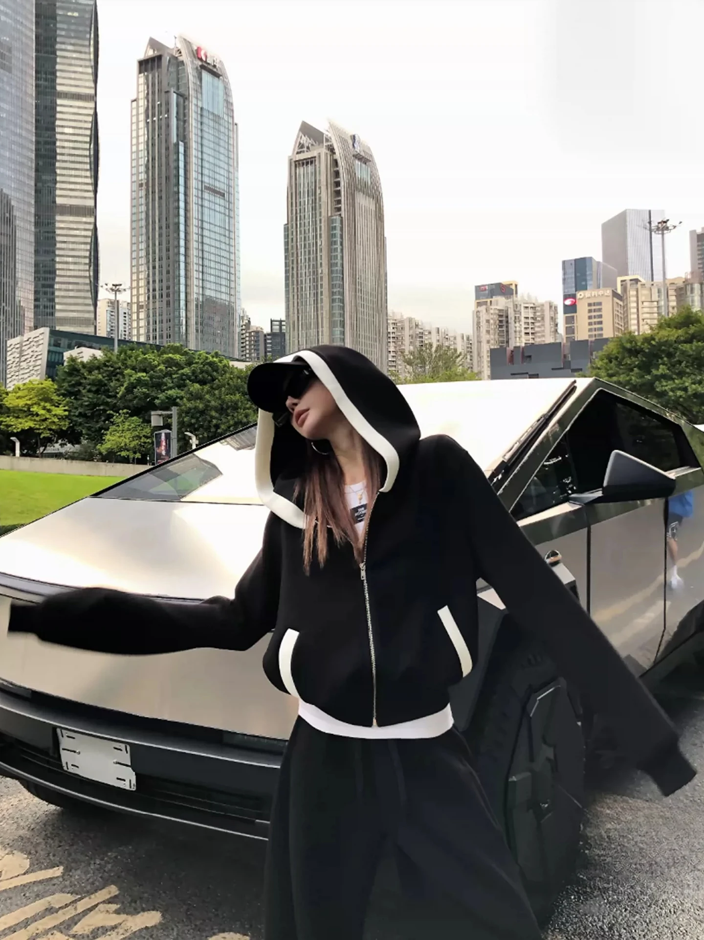 Street Style Color Block Hoodie Sweatshirt Sportswear Set Women Spring Autumn Loose Slimming Casual Two Piece Trendy