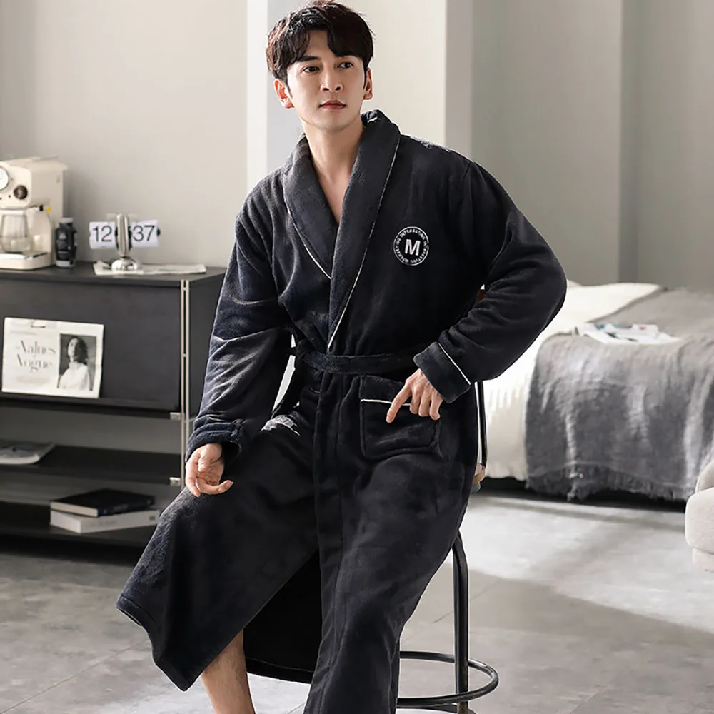 Autumn Winter Flannel Thicken Warm Long Shower Robe for Men Loose Soft Men\'s Terry Bath Robe Luxury Embroidery Men\'s Bathrobe