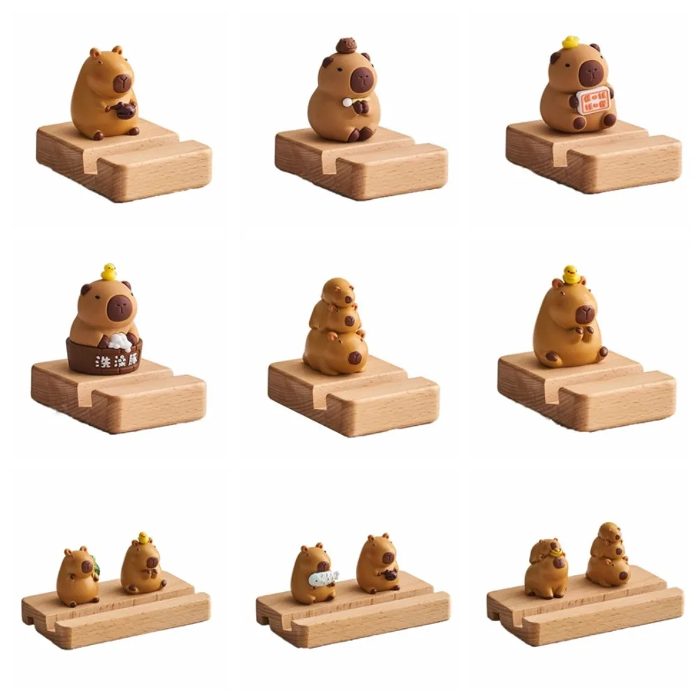 Figure Model Capybara Phone Holder Support Desk Decor Capybara Mobile Phone Stand Wooden PVC Doll Capybara Cell Phone Bracket
