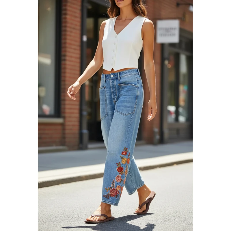 

Women's Wide Leg Jeans Embroidered Ankle Length Denim Pants Ladies Female Casual Jeans Trousers