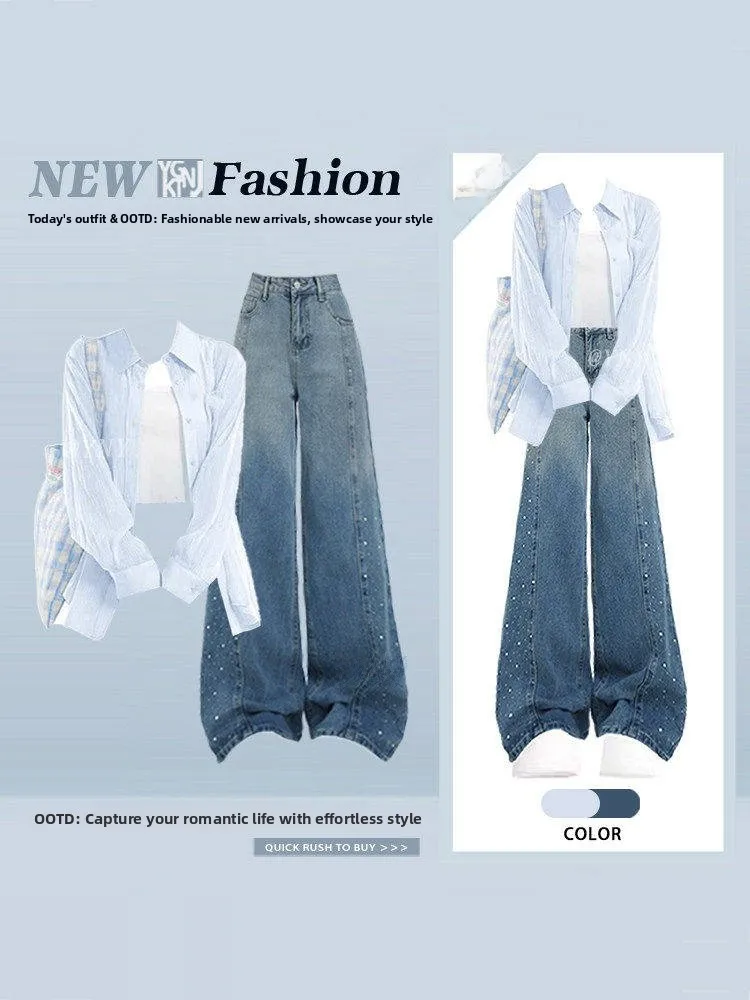 

Spring Summer Korean Style Women's Anti-Uv Set Soft Blue Open Cardigan Sun Protection Shirt Vest Wide Leg Jeans Three Piece Set
