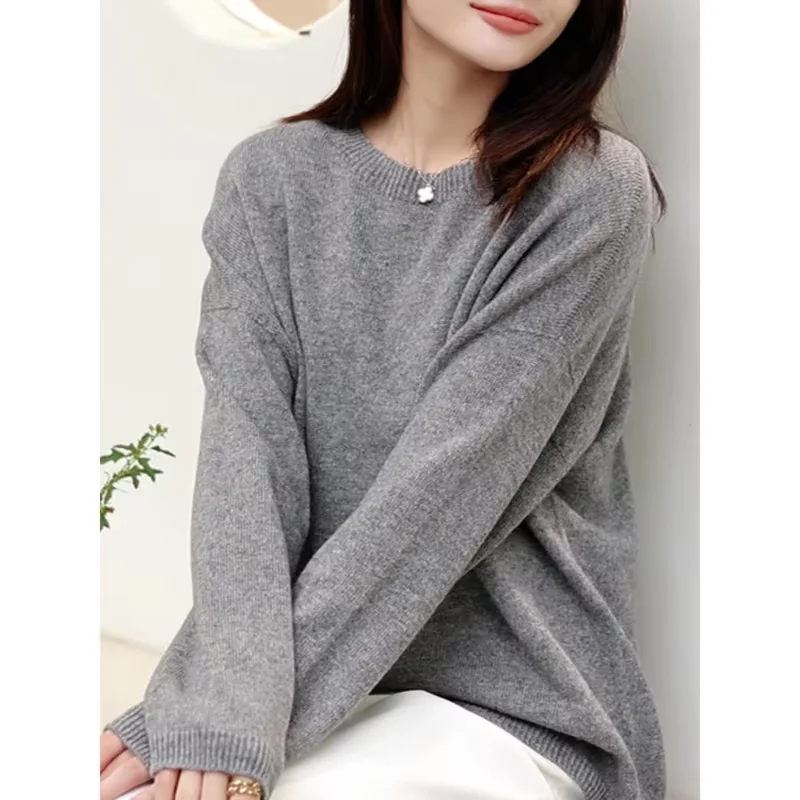 Autumn Winter 100% Pure Wool Seamless Sweater Women Round Neck Loose Soft Basic Knitted Pullovers