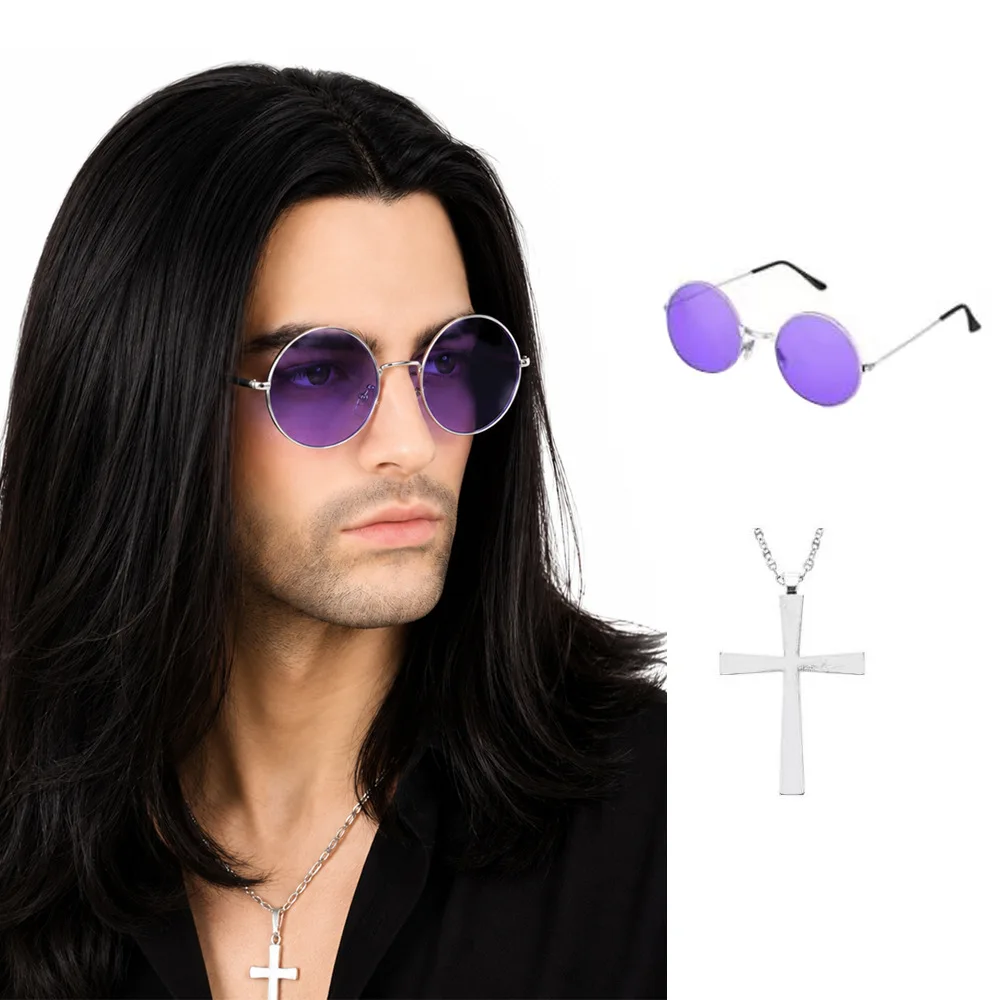 Men Middle Part Long Straight Black Synthetic Cosplay Wig with Glasses Necklace For Gothic Rock Style Halloween Party Carnival