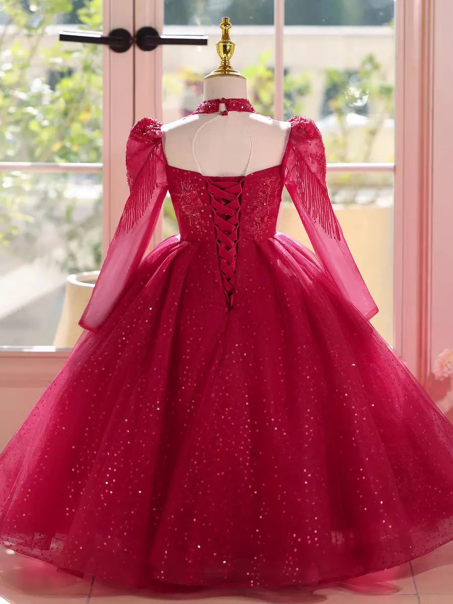 Dreamy Vow D182 Luxury Gilr Dress Red High Neck Long Sleeve Lace Appliques Princess for Kids Wedding Birthday Party Pageant Gown